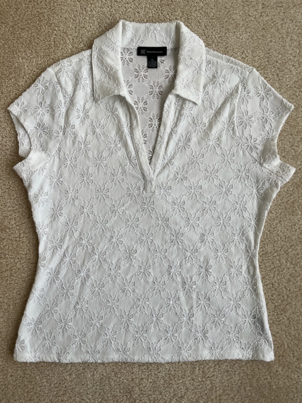 INC White Embroidered Lace Floral Short Sleeve Polo Shirt Women's XL Extra Large